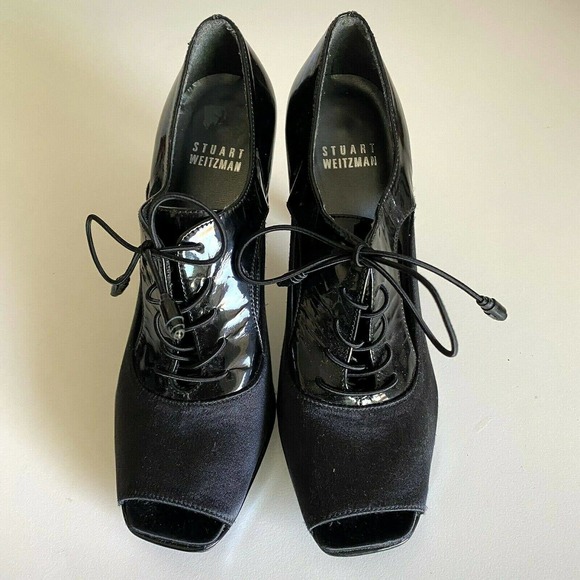 Stuart Weitzman Lace Up Pump Bootie Black Patent Leather Satin Cut Out P… - Picture 3 of 8